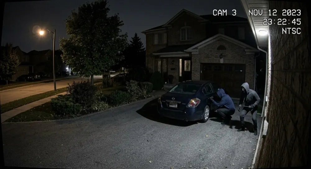 Car theft: Generative AI raises alert. Gen AI confirms suspicious activity — hooded figures breaking into the car.