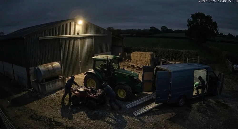 Farm machinery theft: Generative AI raises alert. Gen AI confirms suspicious activity — unfamiliar van, quad bike being loaded, GPS unit removed: theft.