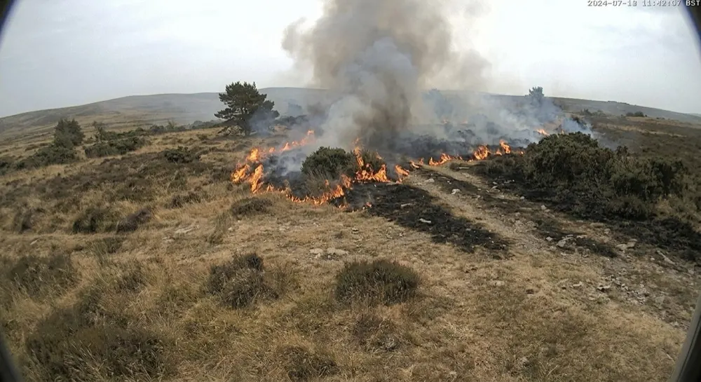 Fire: Generative AI raises alert. Next timed capture. Generative AI reports a line of flames through the gorse with a large grey smoke column and scorched ground behind. The wildfire rule fires; the fire warden and the estate office are alerted.